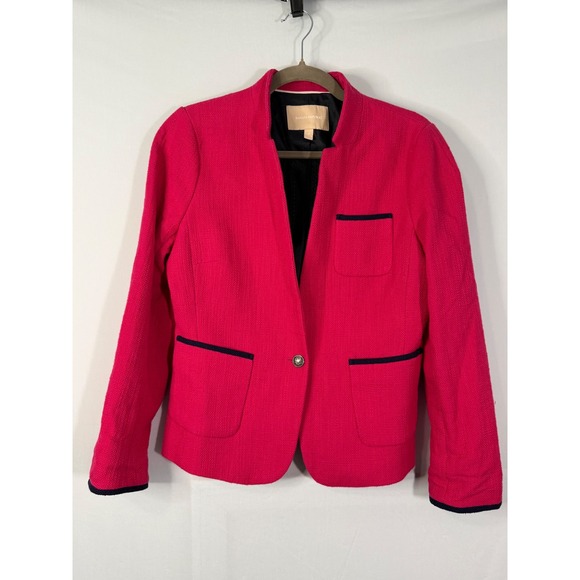 Banana Republic Jackets & Blazers - Banana Republic Pink Textured Cotton Blazer Navy‎ Trim Crest Button Size 8